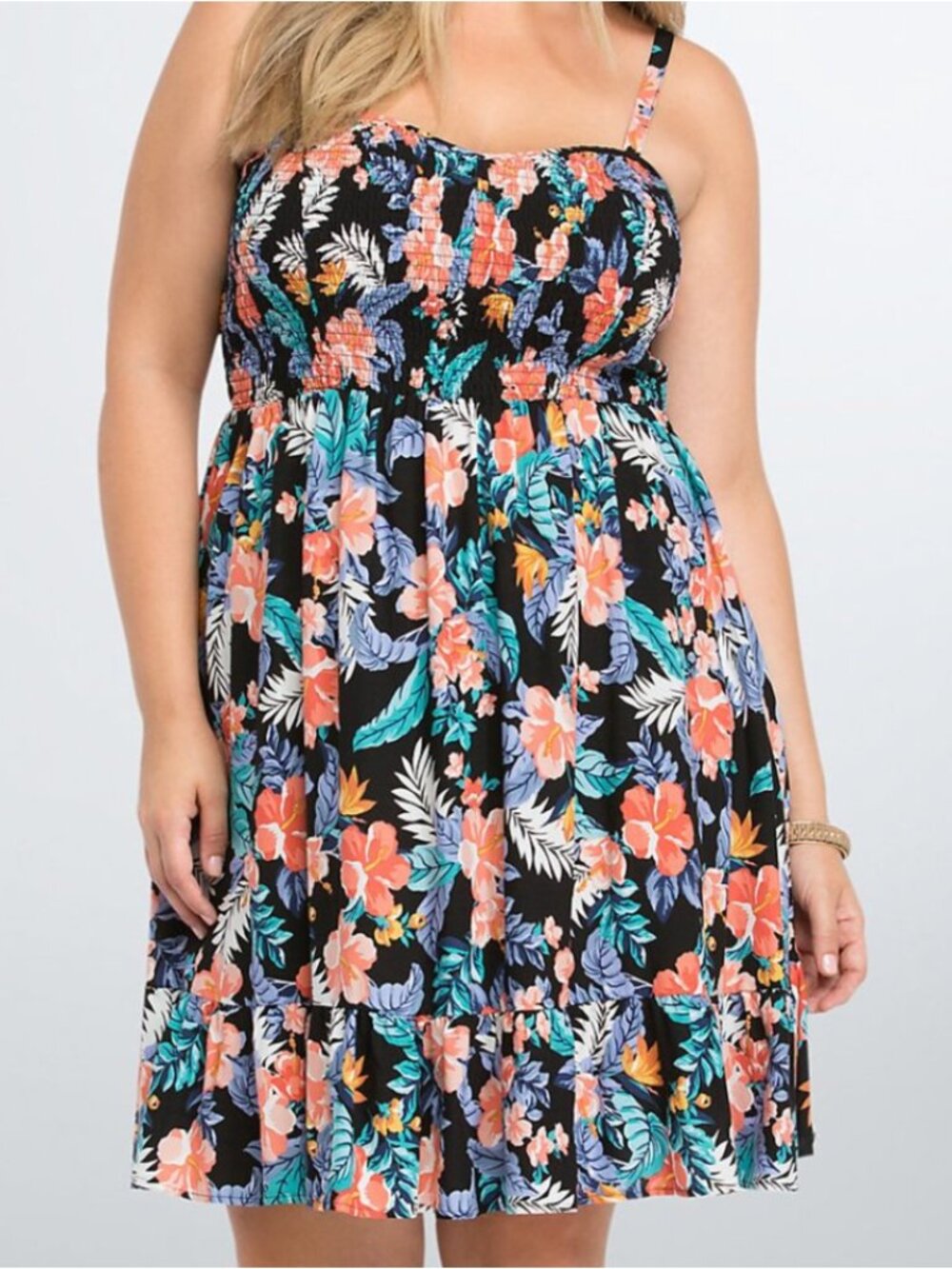 TORRID 3 Plus Size Floral Smocked Sundress Black Coral Pink Tropical Hawaiian 3X